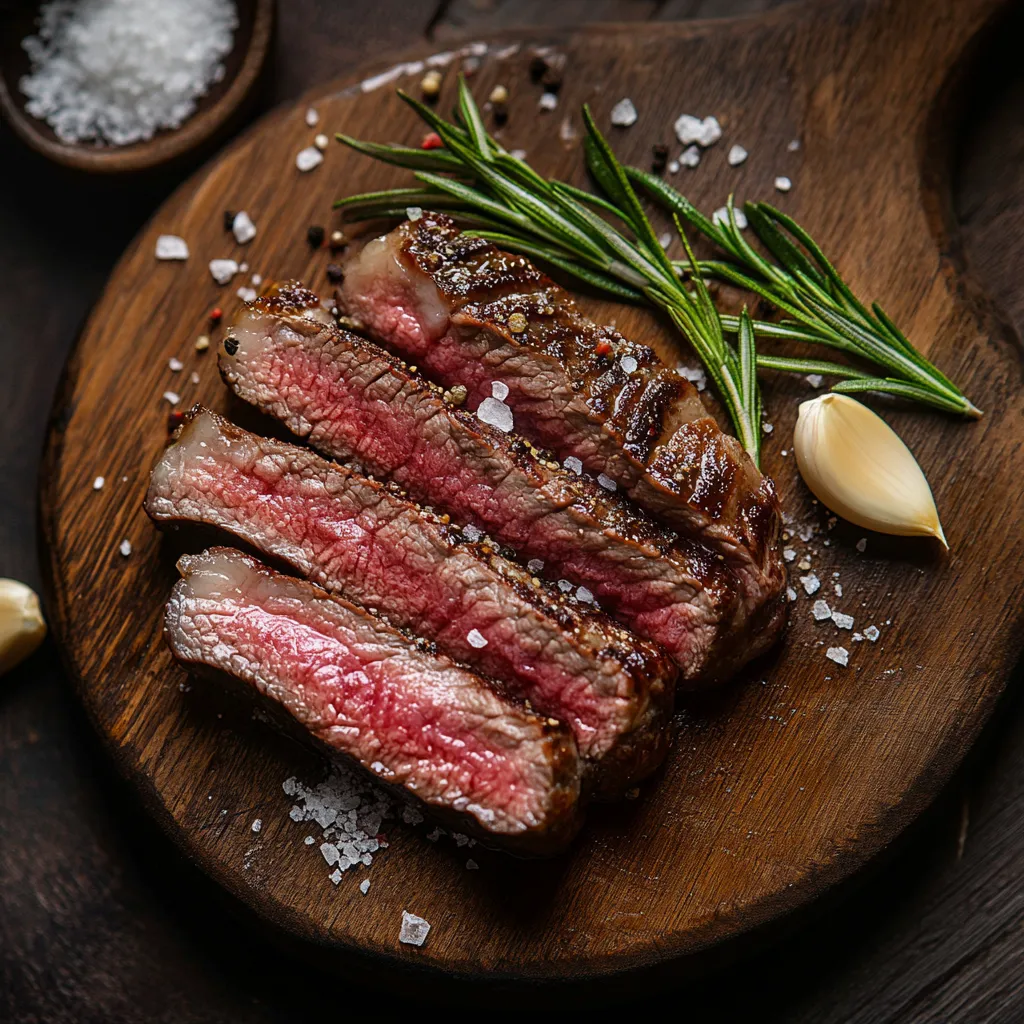 Sous vide New York strip steak sliced with herbs
