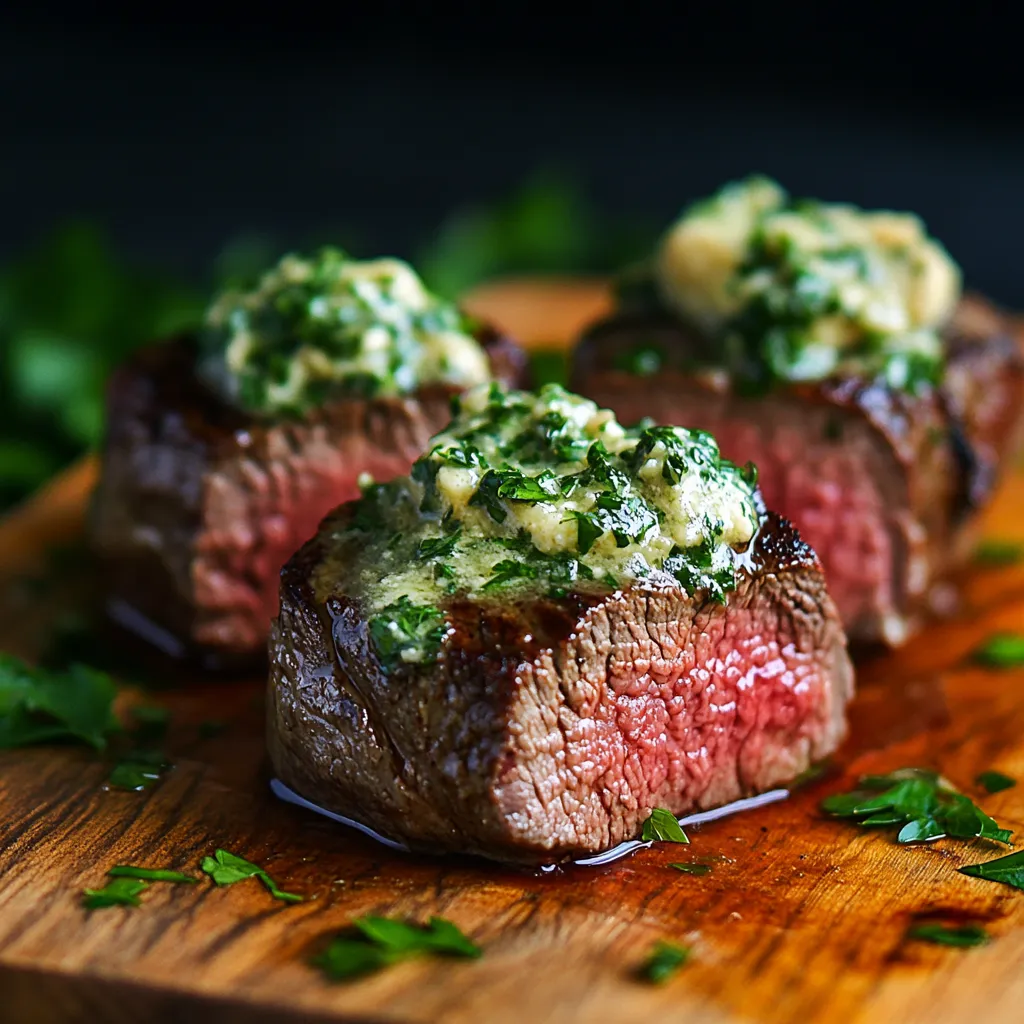Sous vide steak with garlic herb butter on cutting board