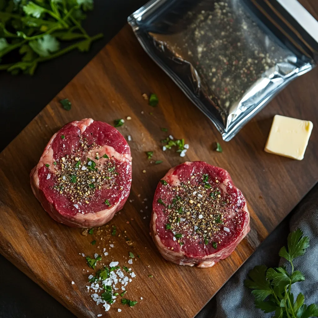 Raw filet mignon steaks with garlic seasoning
