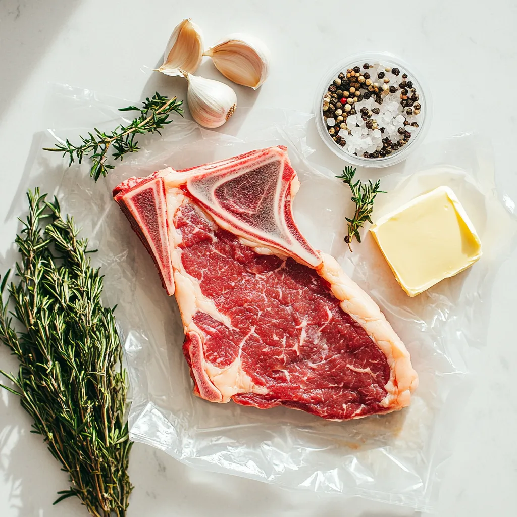 Zero-Stress Sous-Vide Steak: 5 Steps to Perfect, Juicy Results 7 sous vide steak ingredients including steak, herbs, and butter