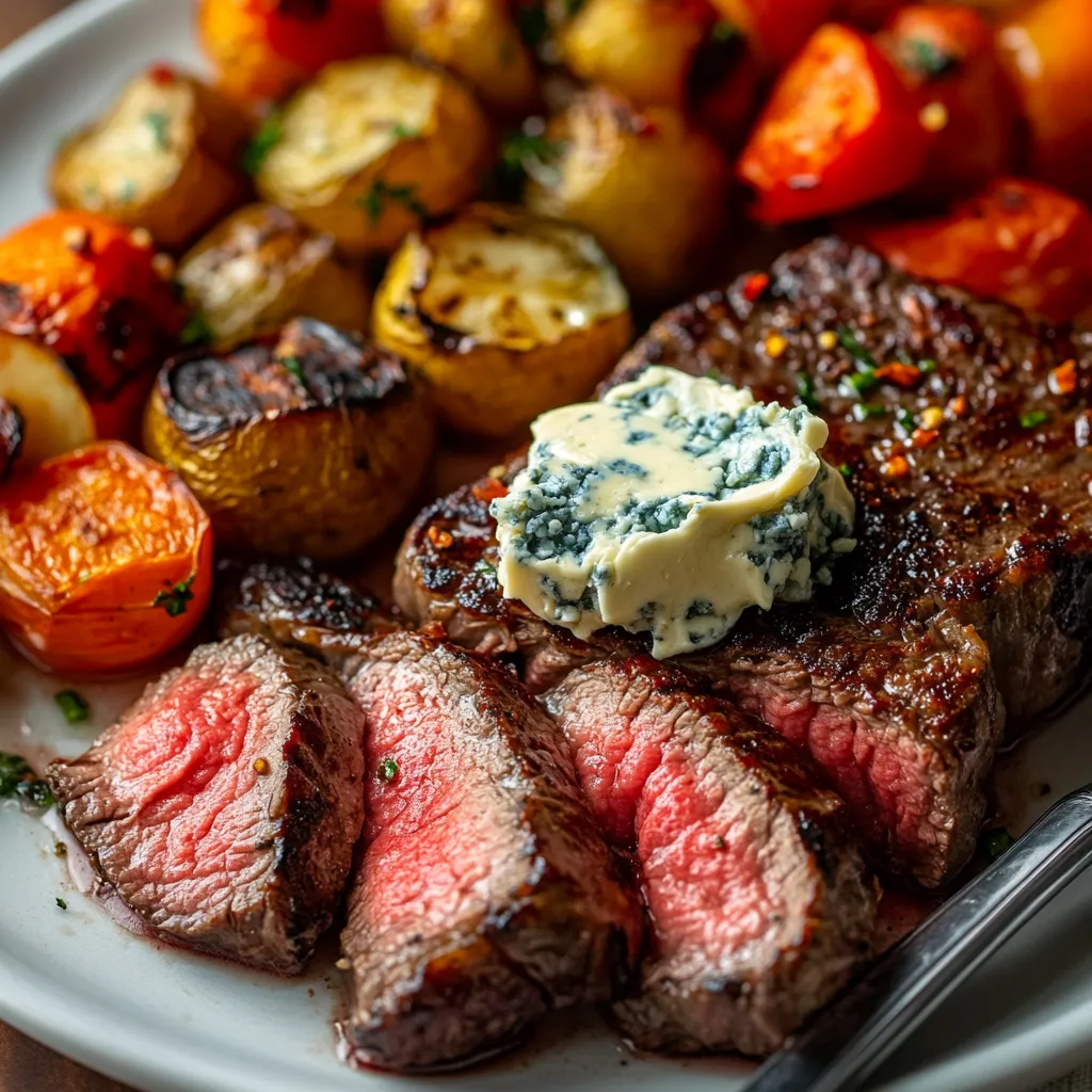 Plated sous vide steak with melted blue cheese butter