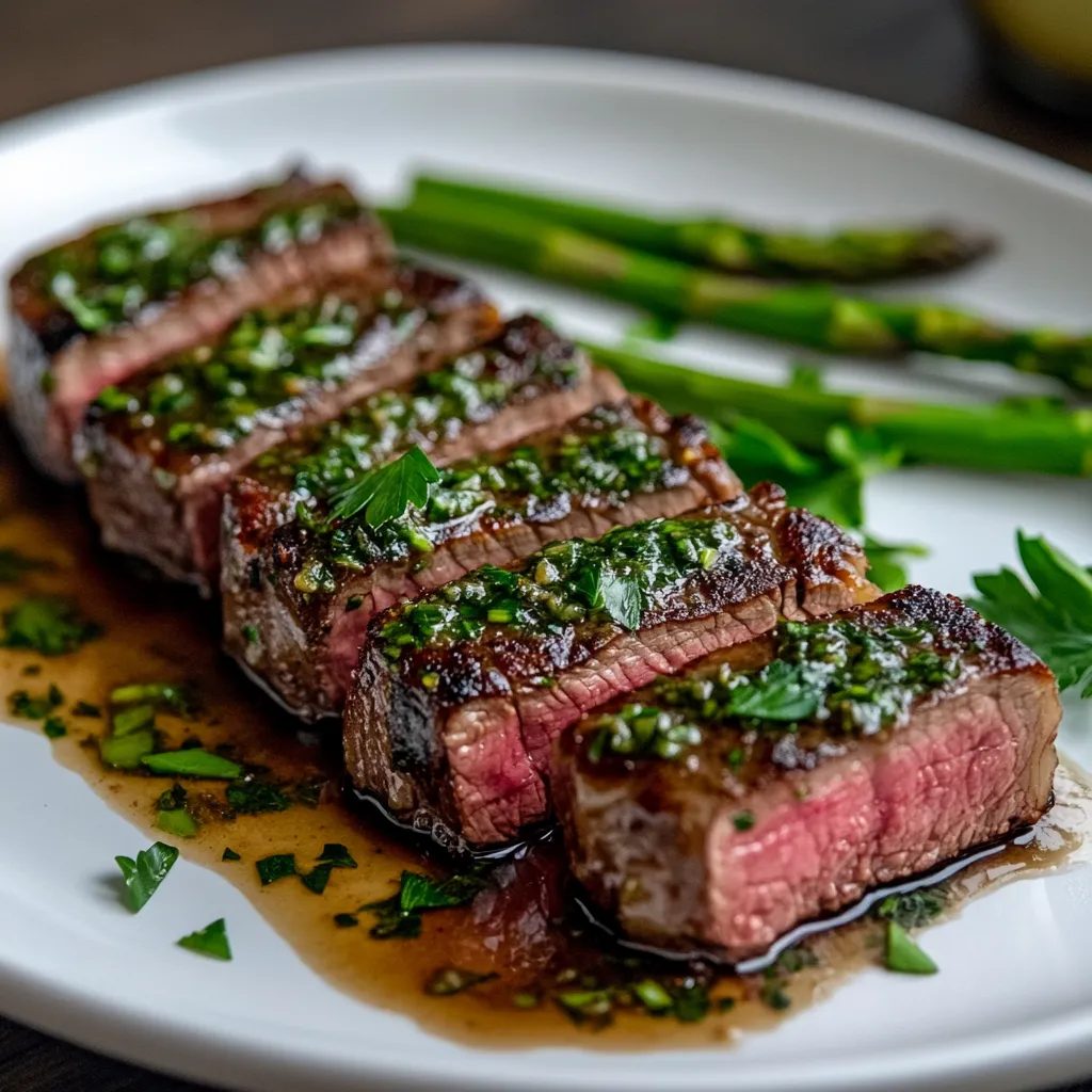 Sliced sous vide steak with garlic butter and sides