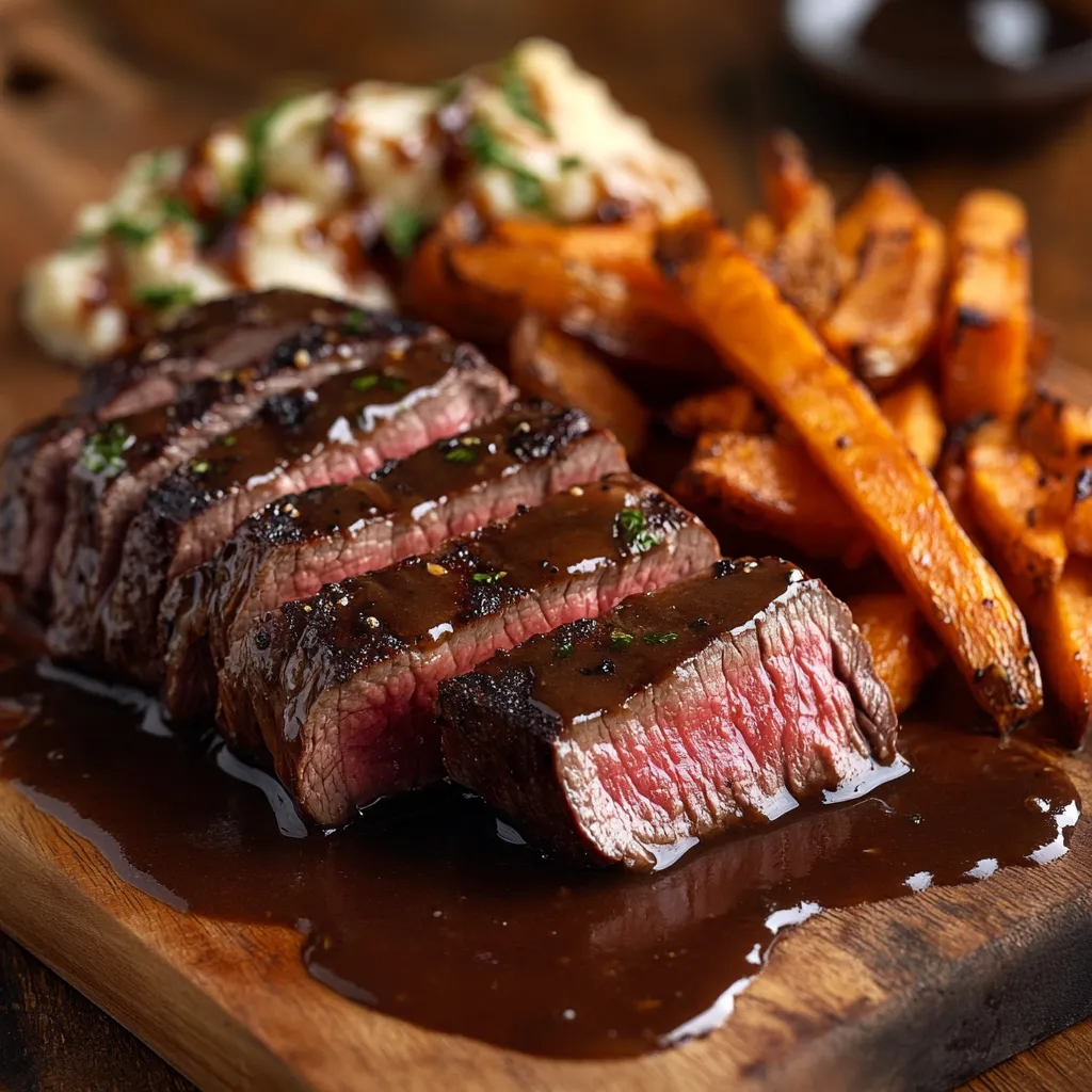 sous vide steak sirloin sliced medium rare with brown gravy