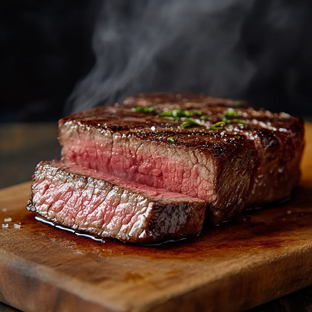 perfectly cooked sous vide steak sliced on board