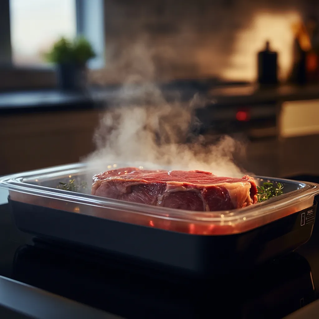 Steak sealed in sous vide bag inside a water bath