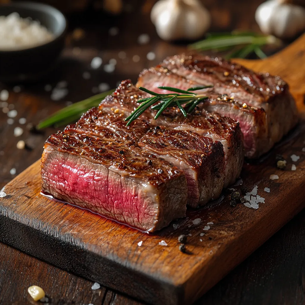 Sous Vide Strip Steak perfectly sliced with seared crust
