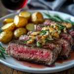 Served sous vide strip steak with garlic butter