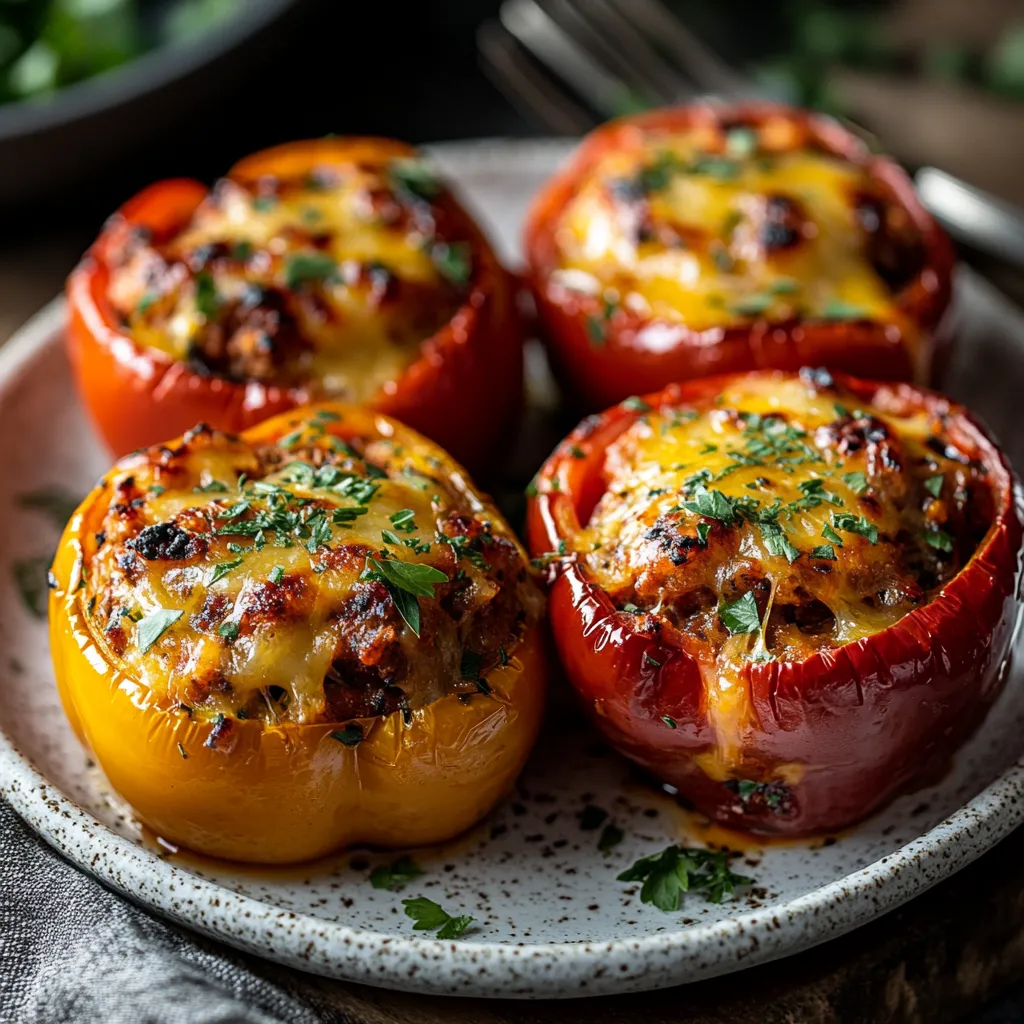 Stuffing beef mixture into peppers for sous vide cooking