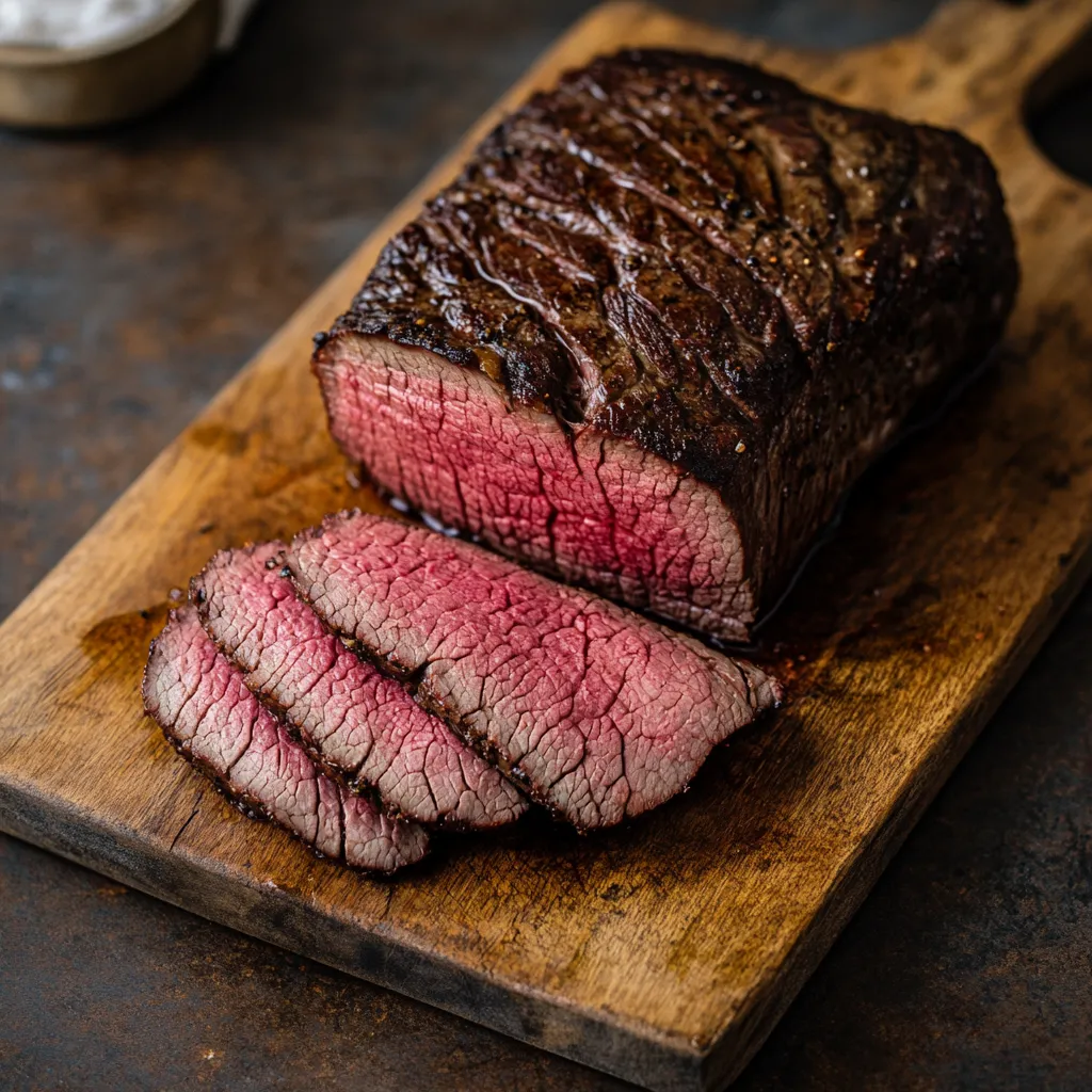Sous Vide Top Round Roast sliced on board