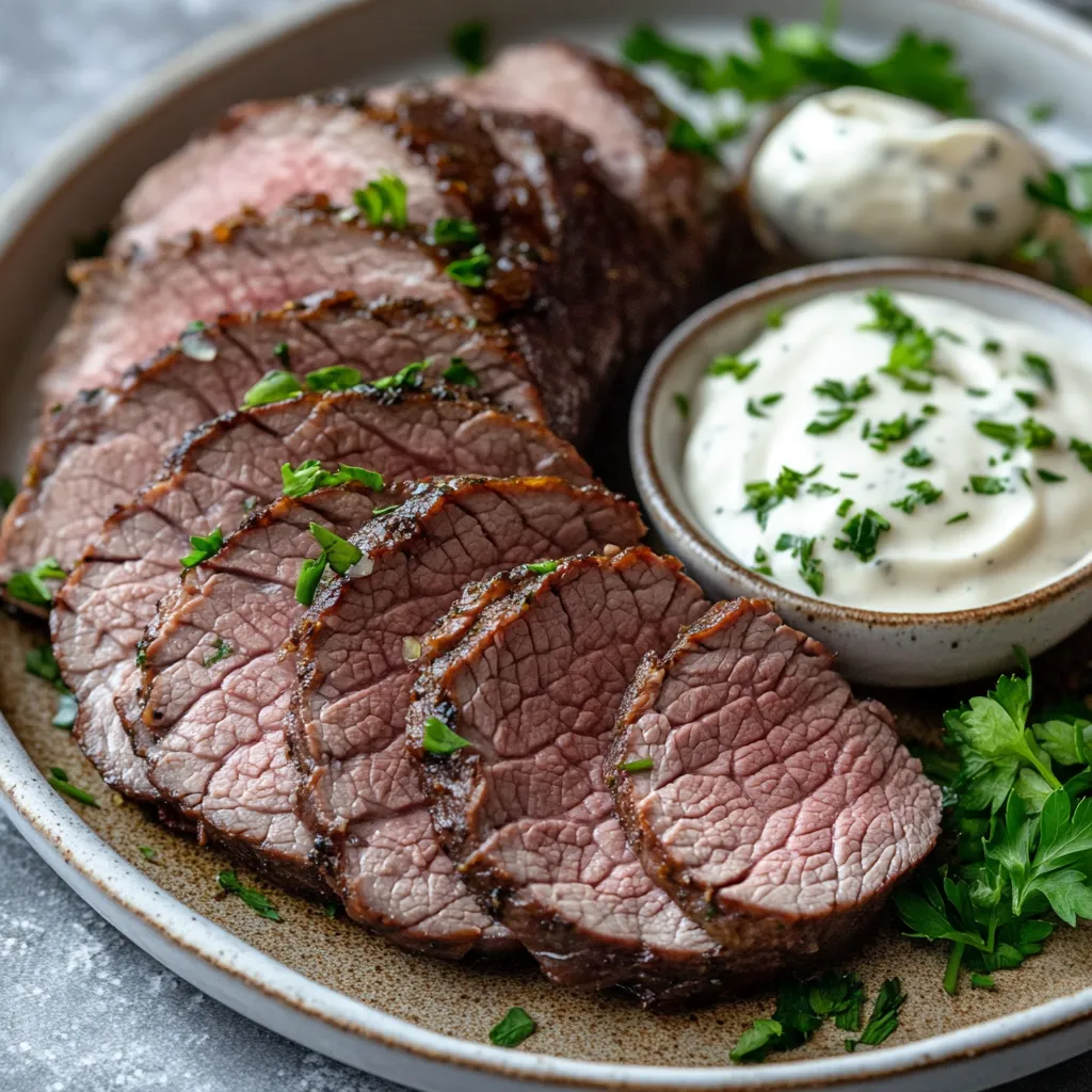 Served Sous Vide Top Round Roast with sauce