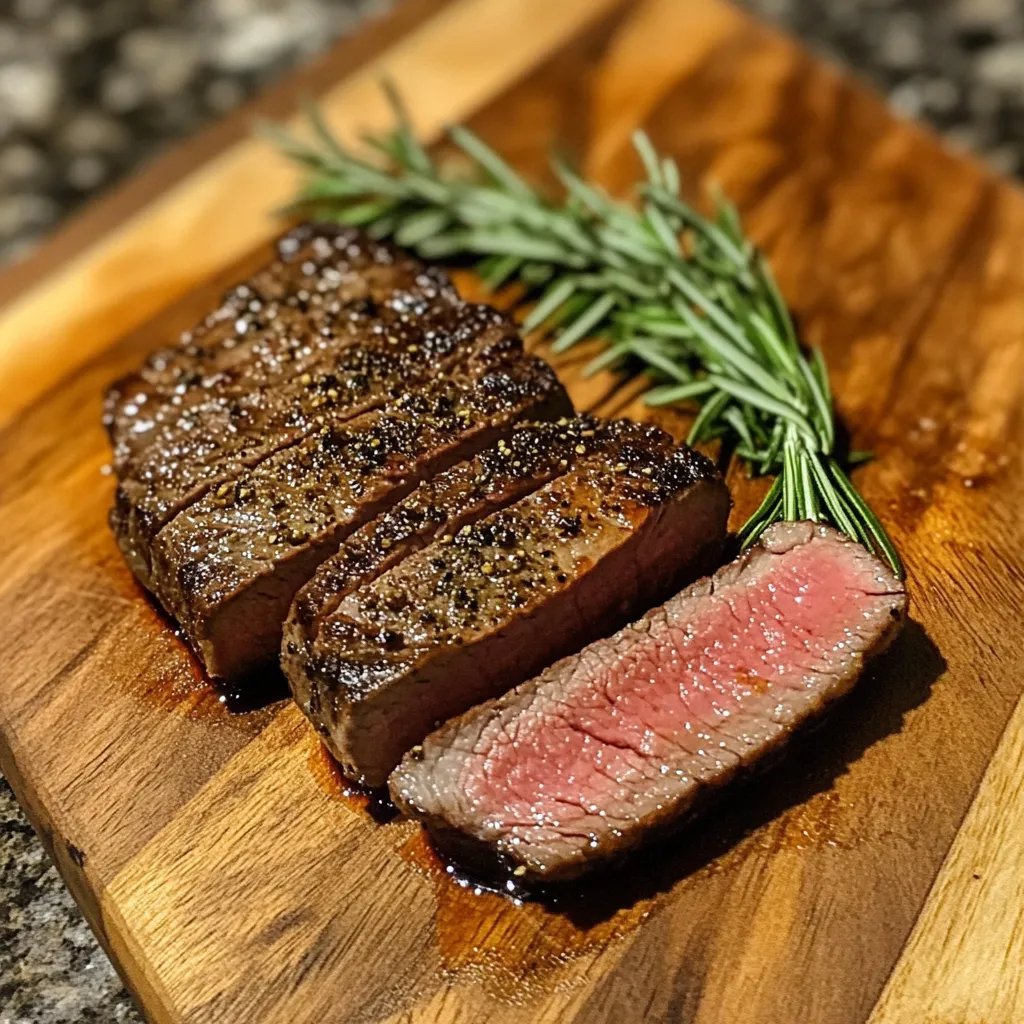 sous vide tri-tip steak sliced with pink center and rosemary
