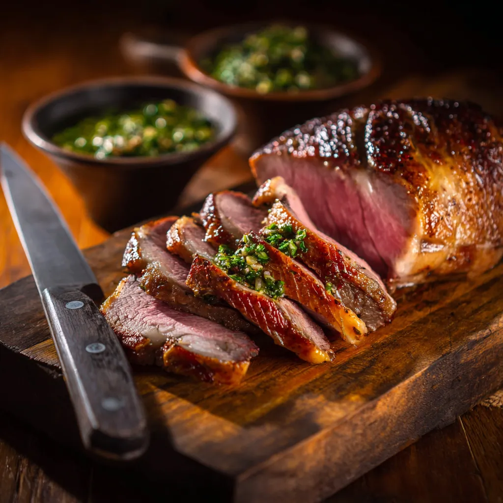 Sous vide whole picanha roast sliced on board