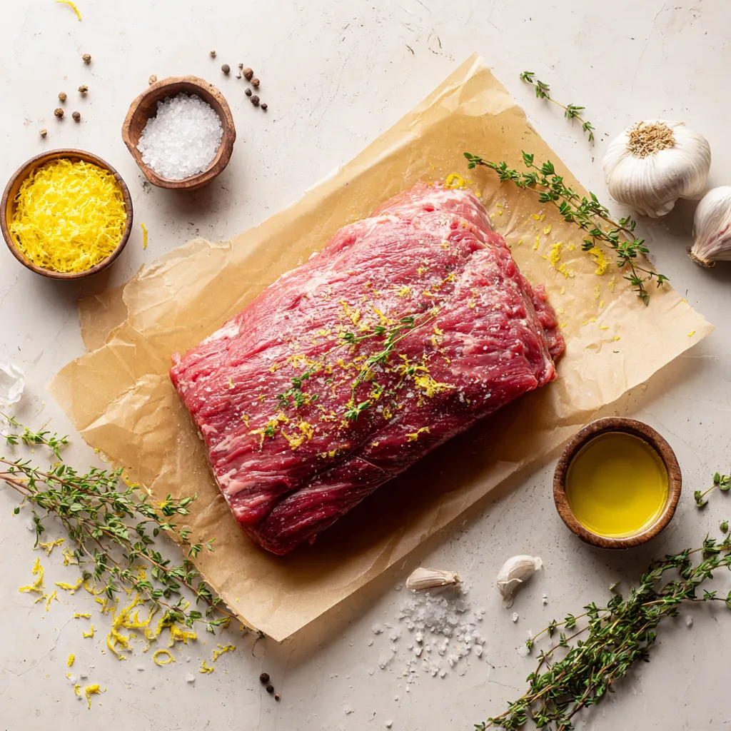 Sous Vide Lemon Thyme Tri-Tip – Zesty Flavor in 3 Simple Steps 7 Sous vide lemon thyme tri-tip ingredients on prep board