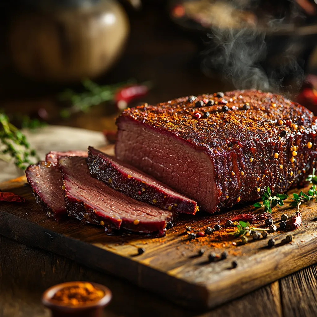 sliced sous vide corned beef brisket on cutting board