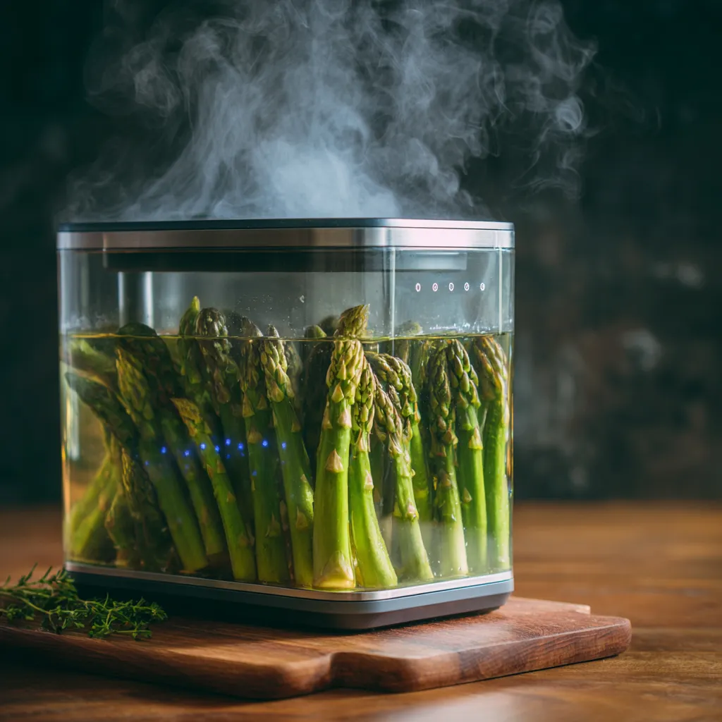 asparagus cooking in sous vide bath