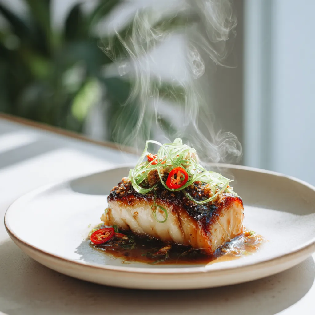 Black cod sous vide with miso glaze on white plate