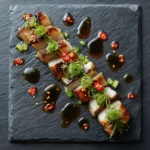 Plated black cod sous vide with miso glaze