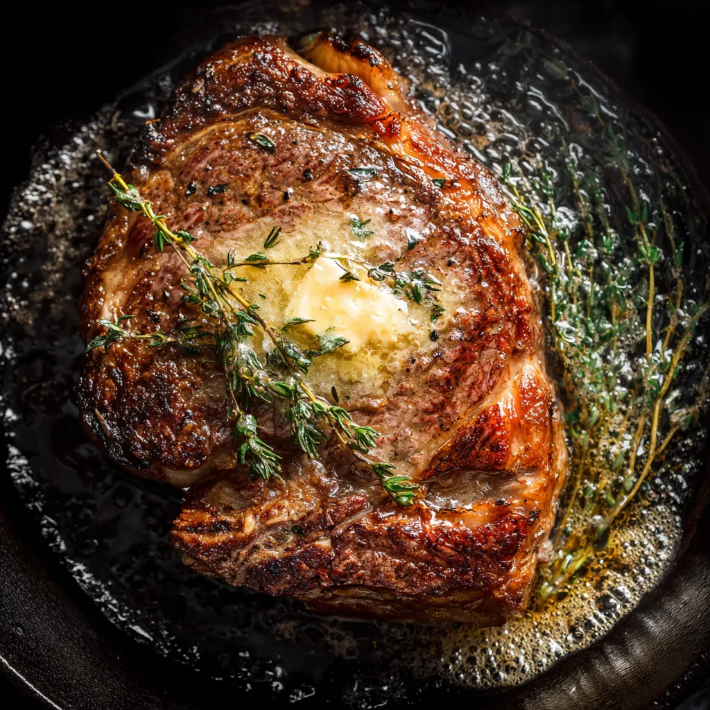 Butter-basted sous vide steak in cast-iron pan