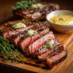 Sliced butter basted sous vide steak medium rare