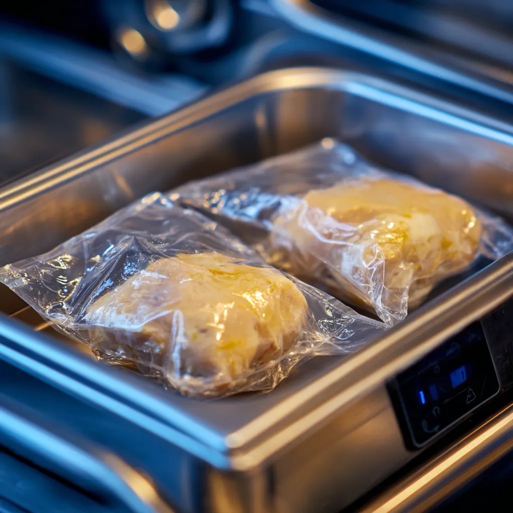 chicken ballotine sous vide in vacuum bags cooking in water bath