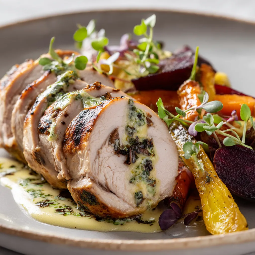 sliced chicken ballotine sous vide with vegetables and garnish
