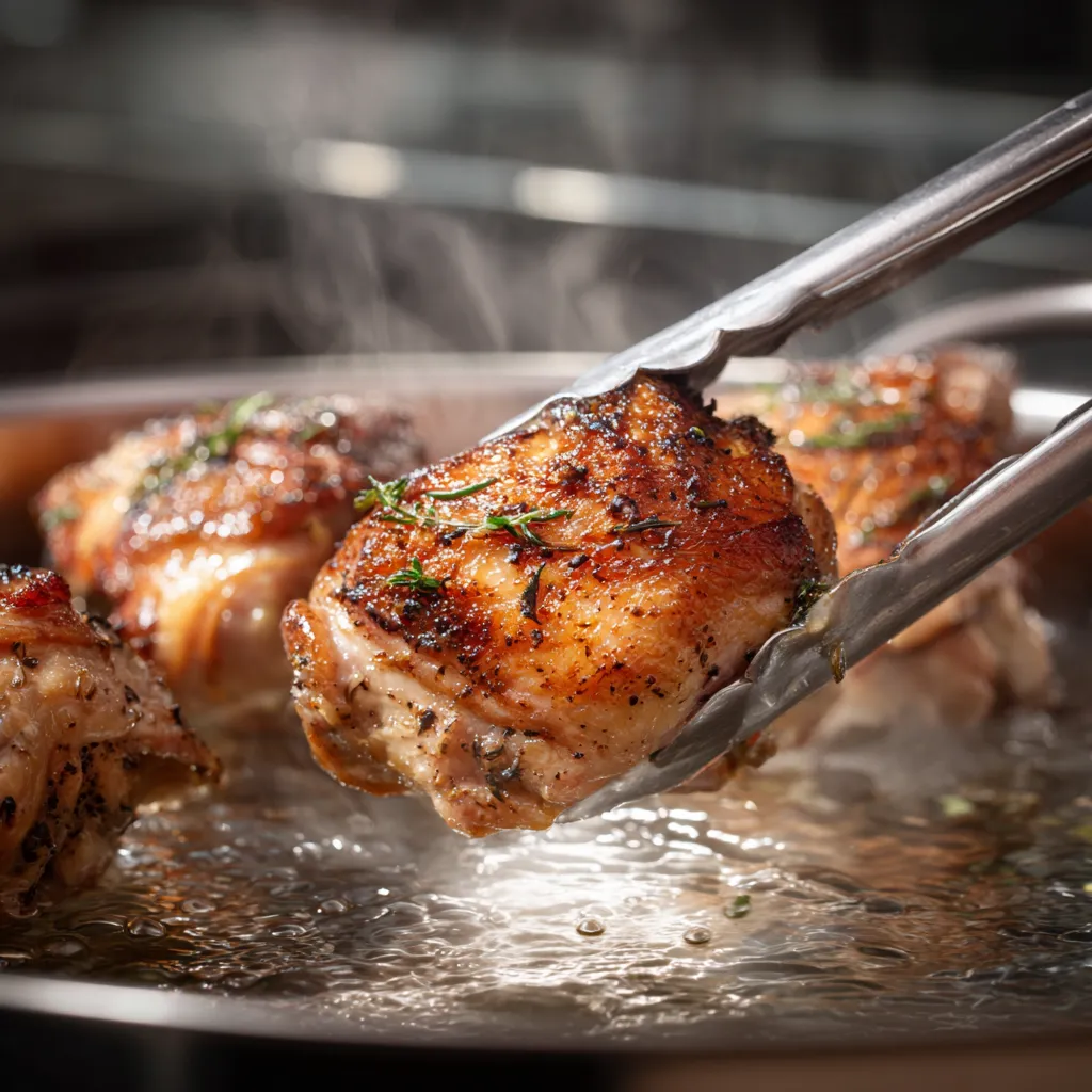 Cooked sous vide frozen chicken thighs being removed from bath