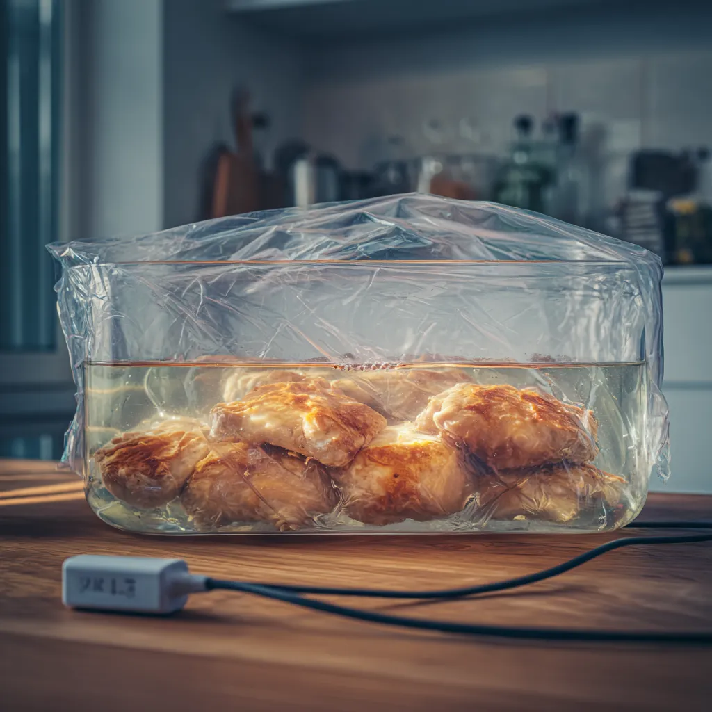 Chicken in teriyaki marinade cooking sous vide at 145.4°F