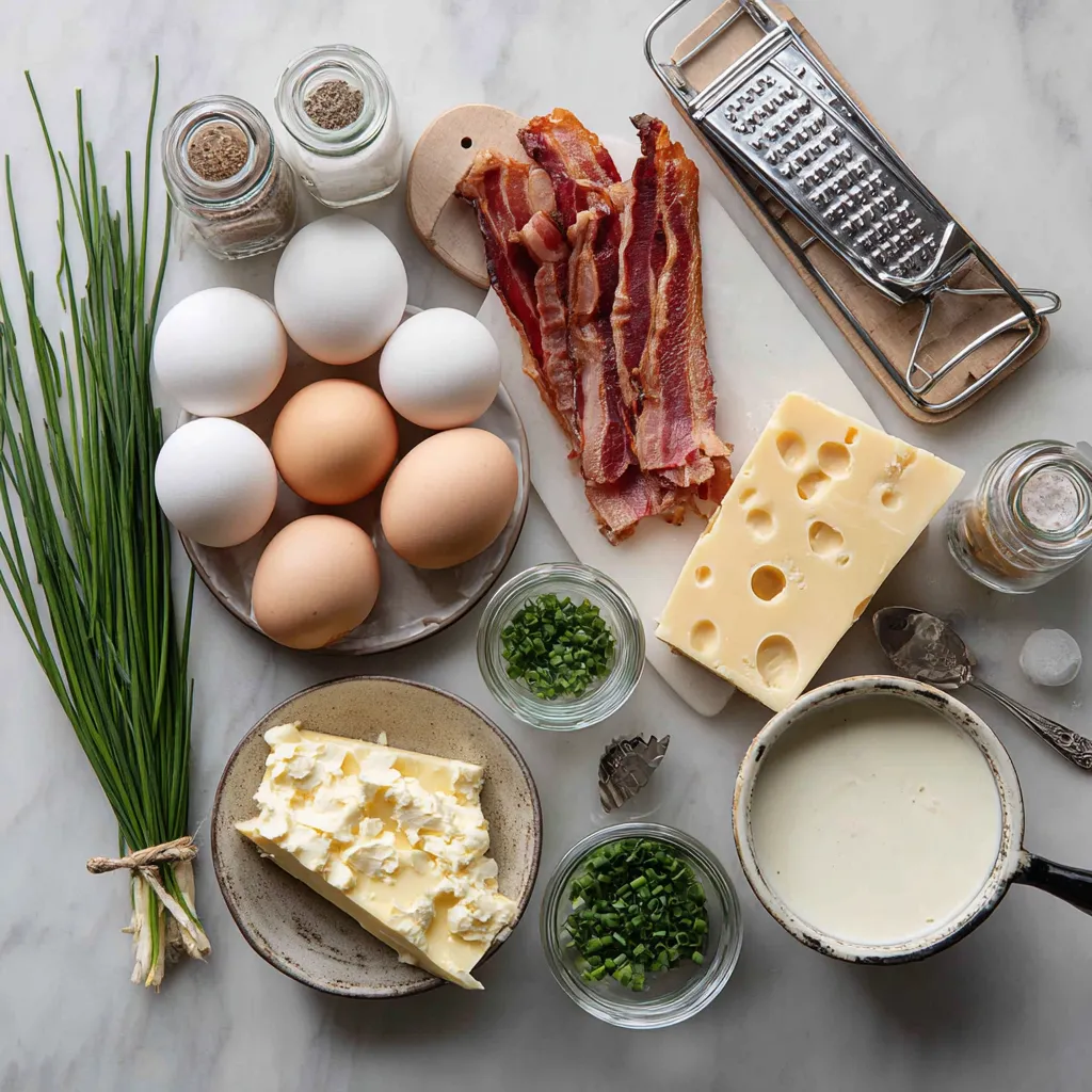 Flat lay of ingredients for bacon gouda sous vide egg bites