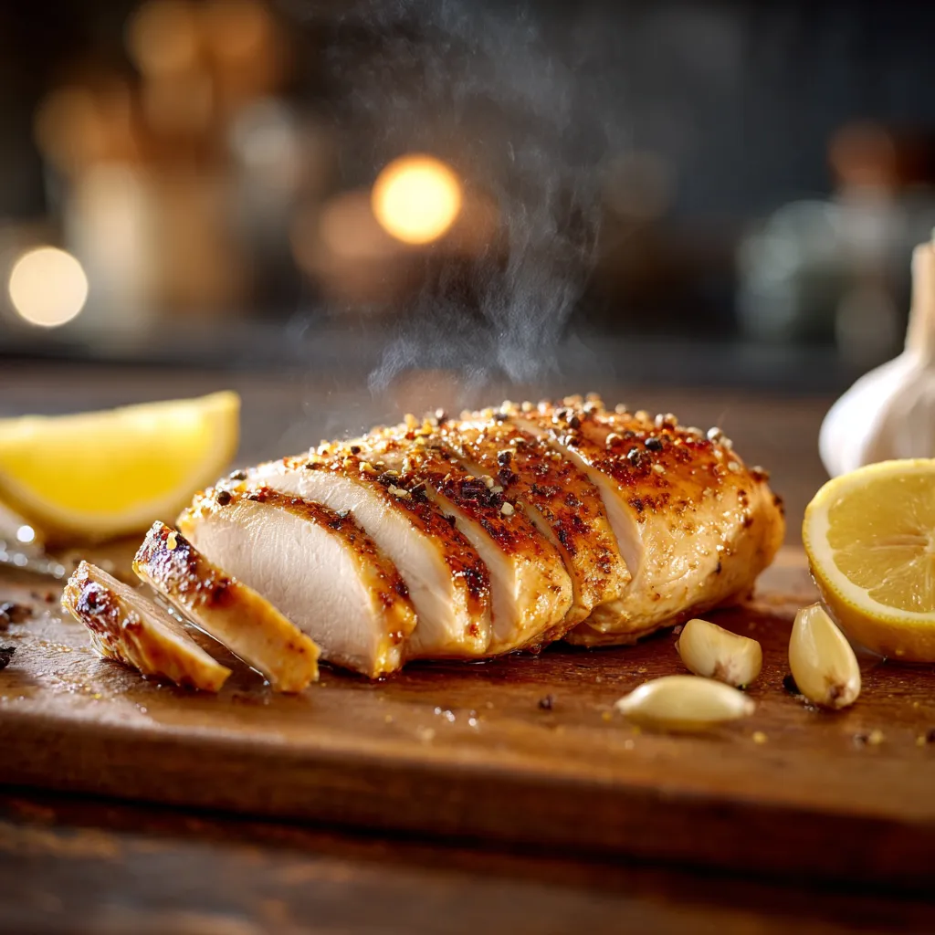Frozen chicken breast sous vide perfectly seared and sliced on board
