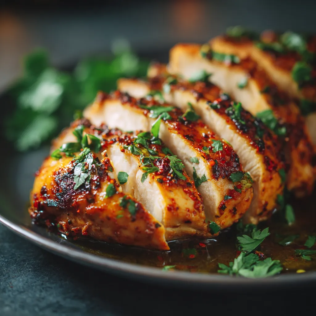 Marinated Chicken Sous Vide – Ultimate Juicy Delight in 90 Minutes 9 Sliced marinated chicken sous vide on serving plate