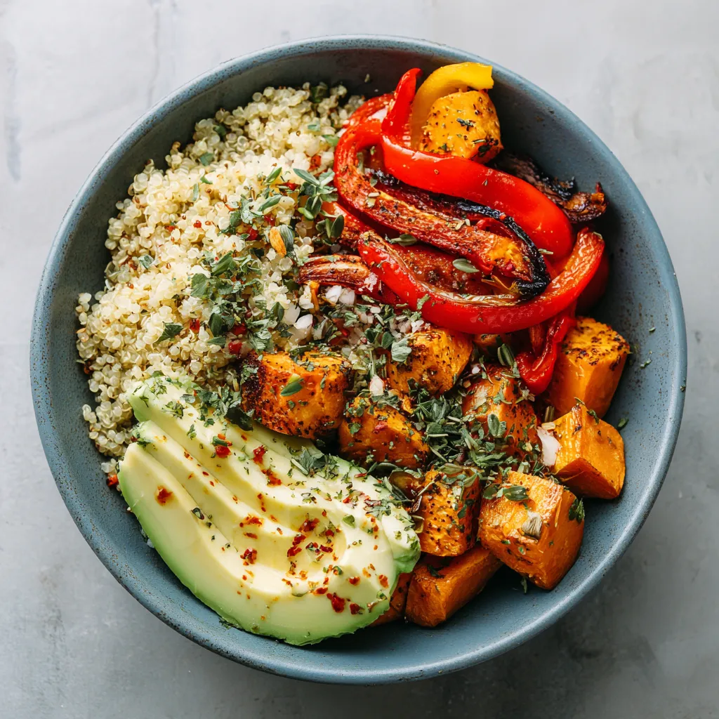 Plant-based sous vide grain bowl with toppings