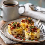 Plated sous vide bacon gouda egg bites with garnish