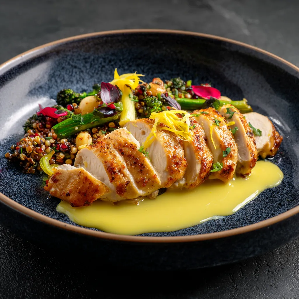 Frozen Chicken Breast Sous Vide – 3-Hour Fix for Juicy Results 9 Served frozen chicken breast sous vide with lemon sauce and grains