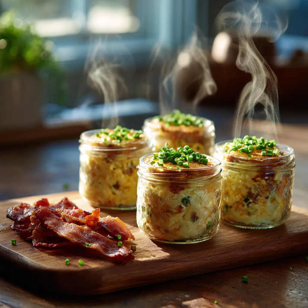 Sous vide bacon gouda egg bites in glass jars on a wooden board