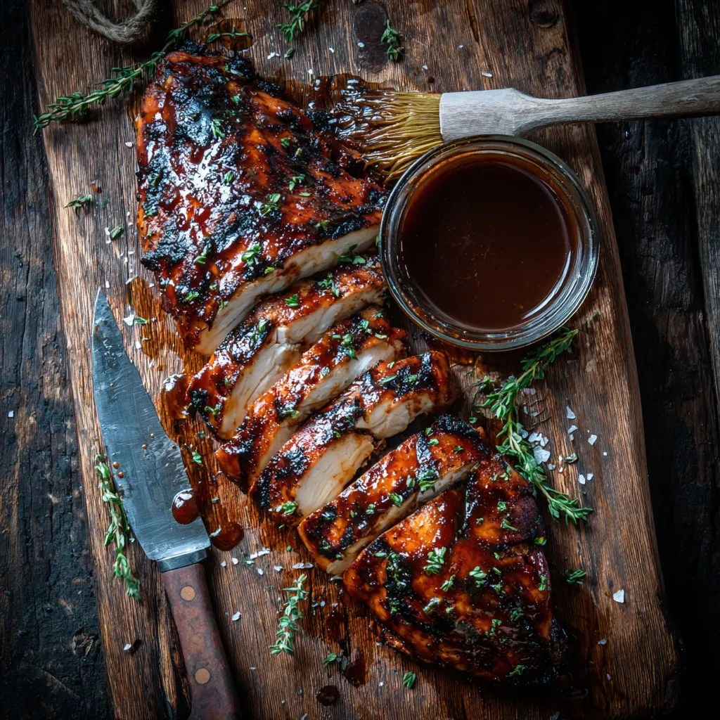 sliced sous vide BBQ chicken with grill marks