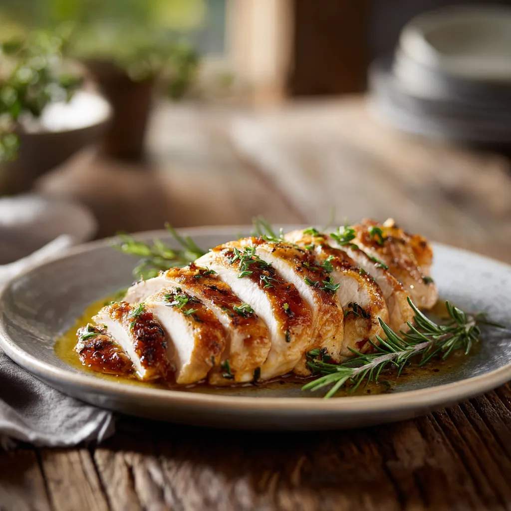 Sliced sous vide chicken breast with crispy skin on a plate