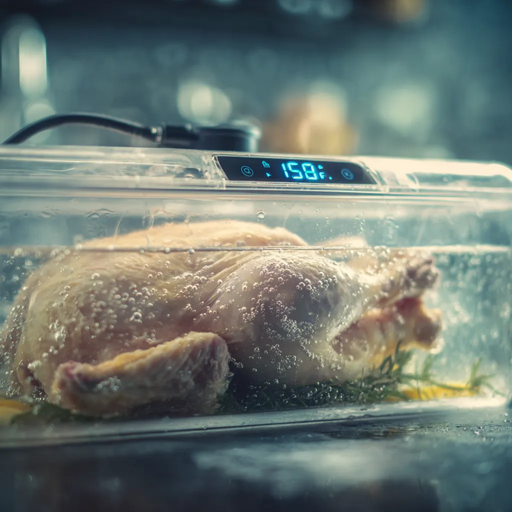 Whole Sous Vide Chicken – 1 Ultimate Method for Juicy, Perfect Results 9 Whole chicken cooking in sous vide bath at 150°F