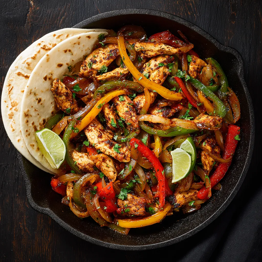Sous vide chicken fajitas with peppers and onions in a skillet