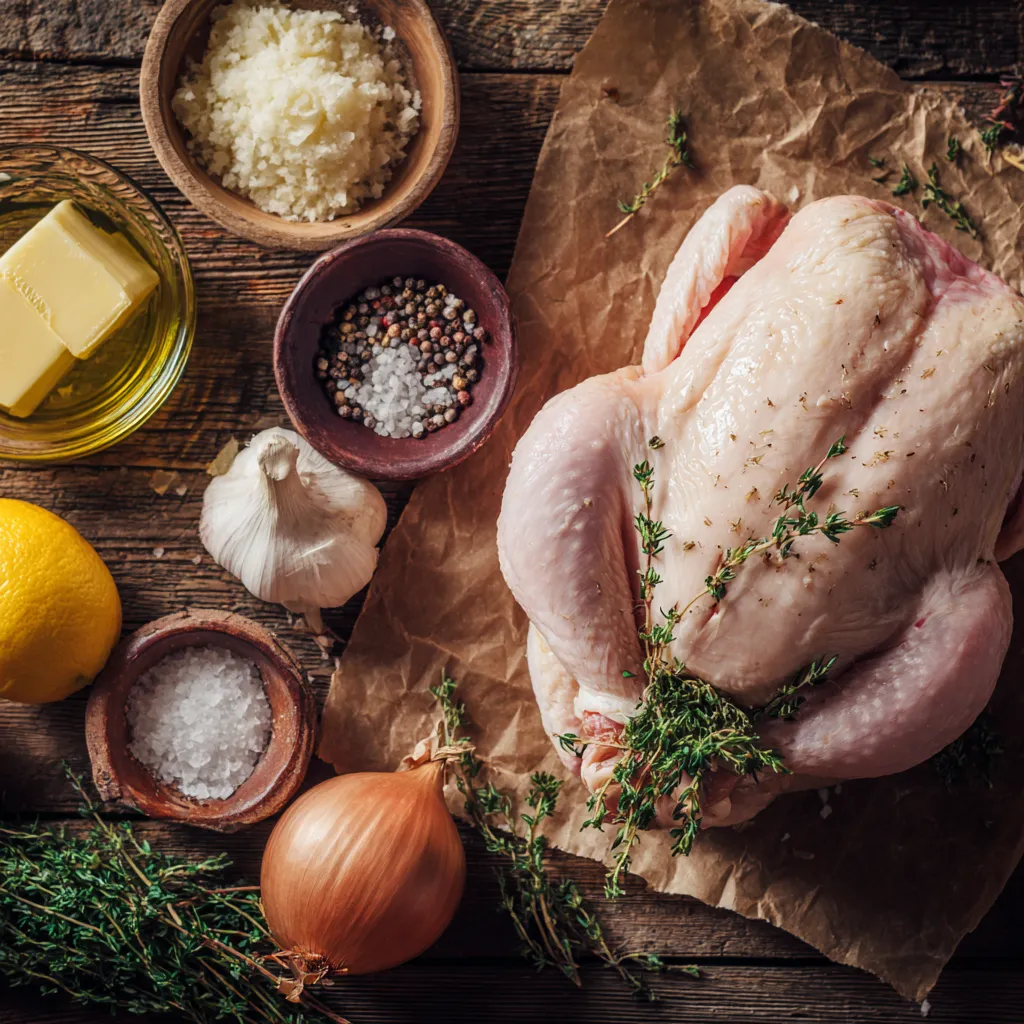 Whole Sous Vide Chicken – 1 Ultimate Method for Juicy, Perfect Results 7 Ingredients for whole sous vide chicken including lemon, butter, herbs