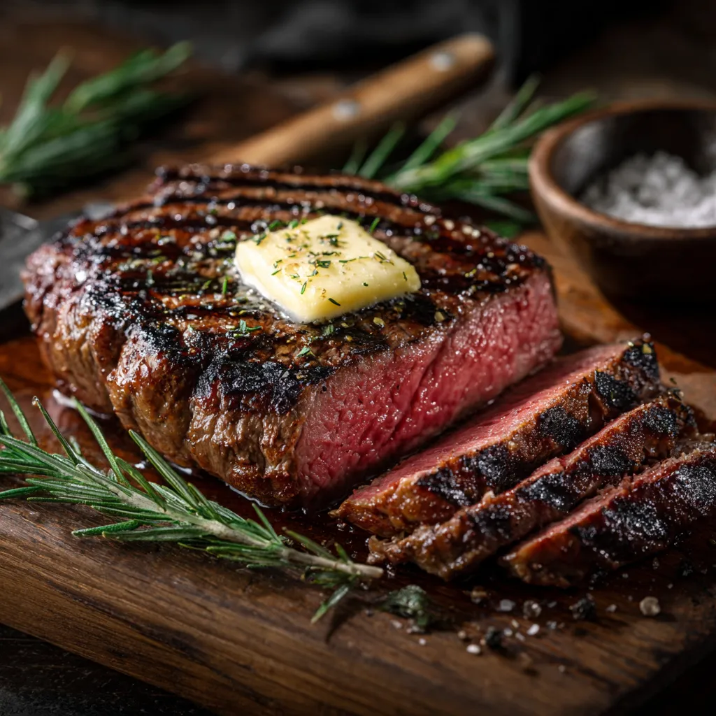 Medium-rare sous vide Costco steak sliced on plate