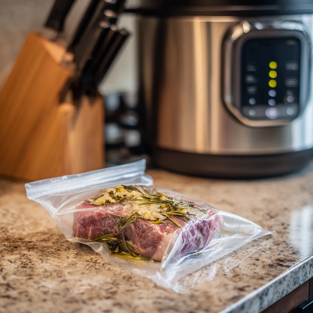 Sous Vide Costco Steak – 1 Foolproof Way to Get Perfect Results 8 Costco steak in sous vide bag with garlic and oil