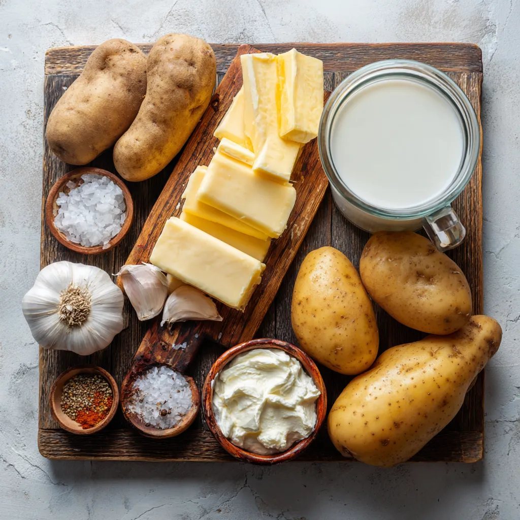 Ingredients for sous vide mashed potatoes on kitchen board