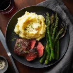 Recipe card and mashed potatoes on neutral background