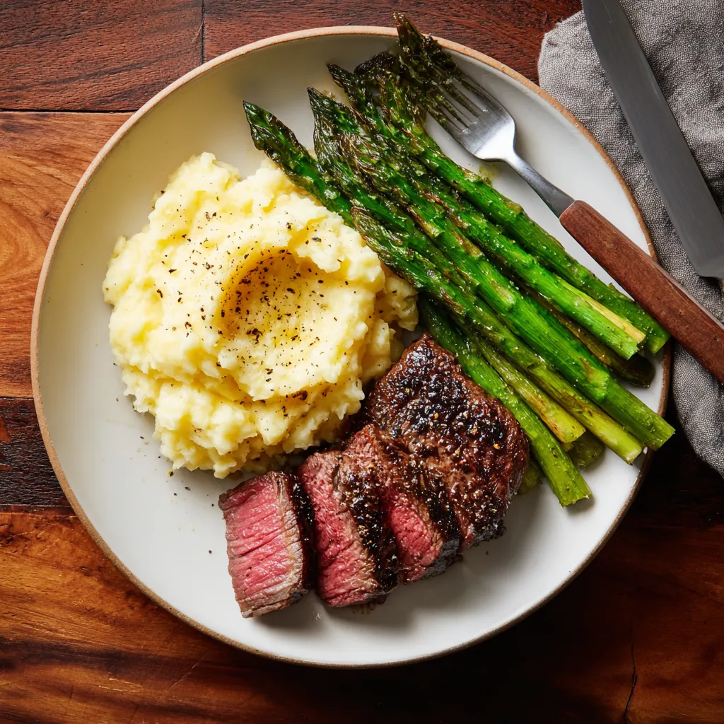 Plated sous vide mashed potatoes with steak