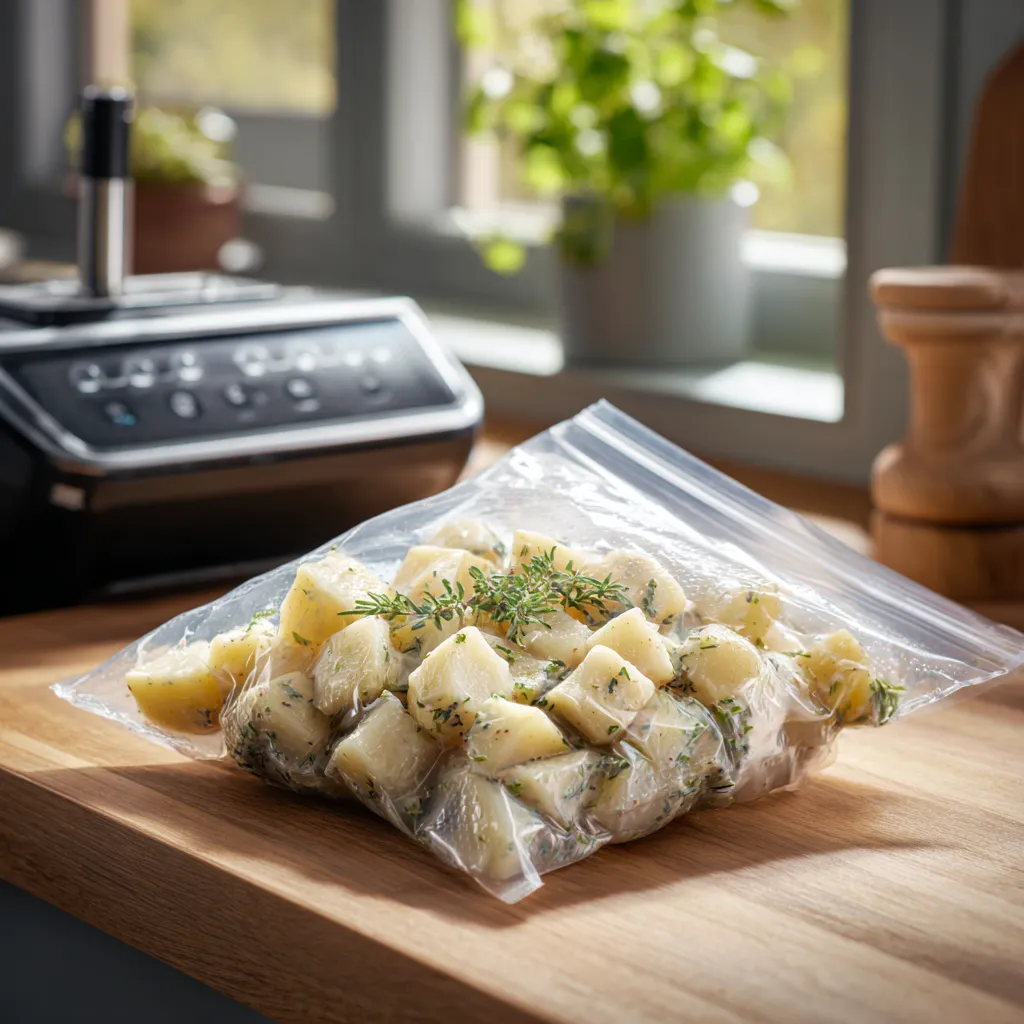 Potatoes sealed in sous vide bag at 190°F