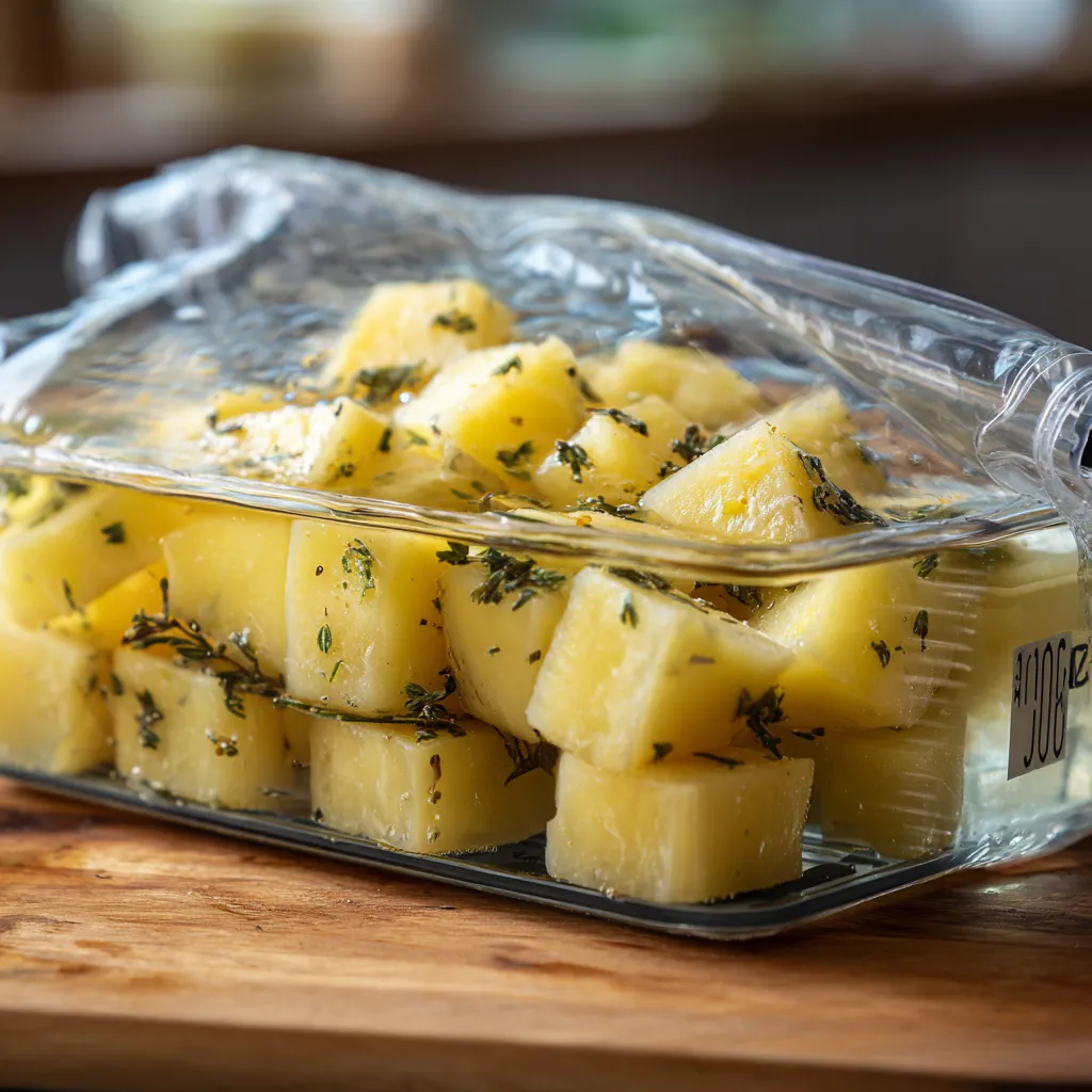 Potatoes vacuum-sealed and cooking in sous vide bath