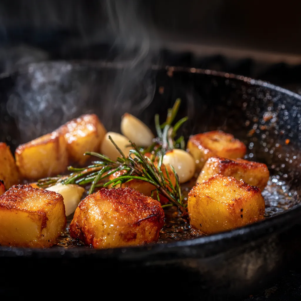 Crisping sous vide potatoes side dish in cast iron skillet