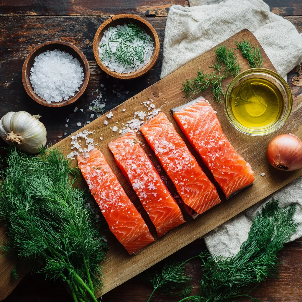 Sous vide salmon recipe ingredients on a wooden board
