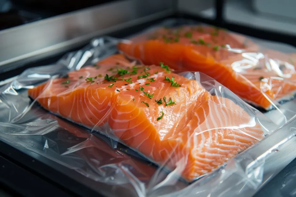 Crispy skin sous vide salmon plated with vegetables