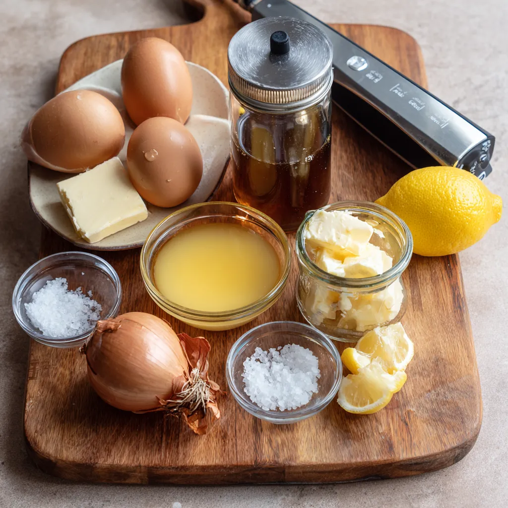ingredients for sous vide sauces on wooden board